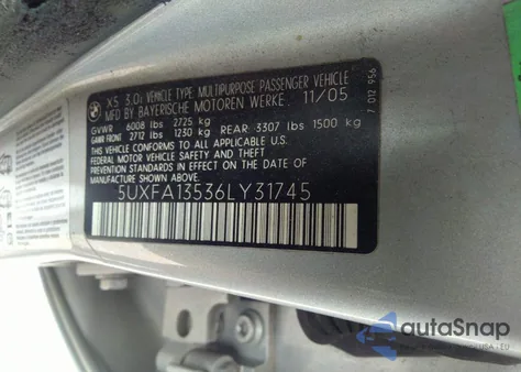 2006 BMW X5 3.0I из США, поврежденный, VIN 5UXFA13536LY31745